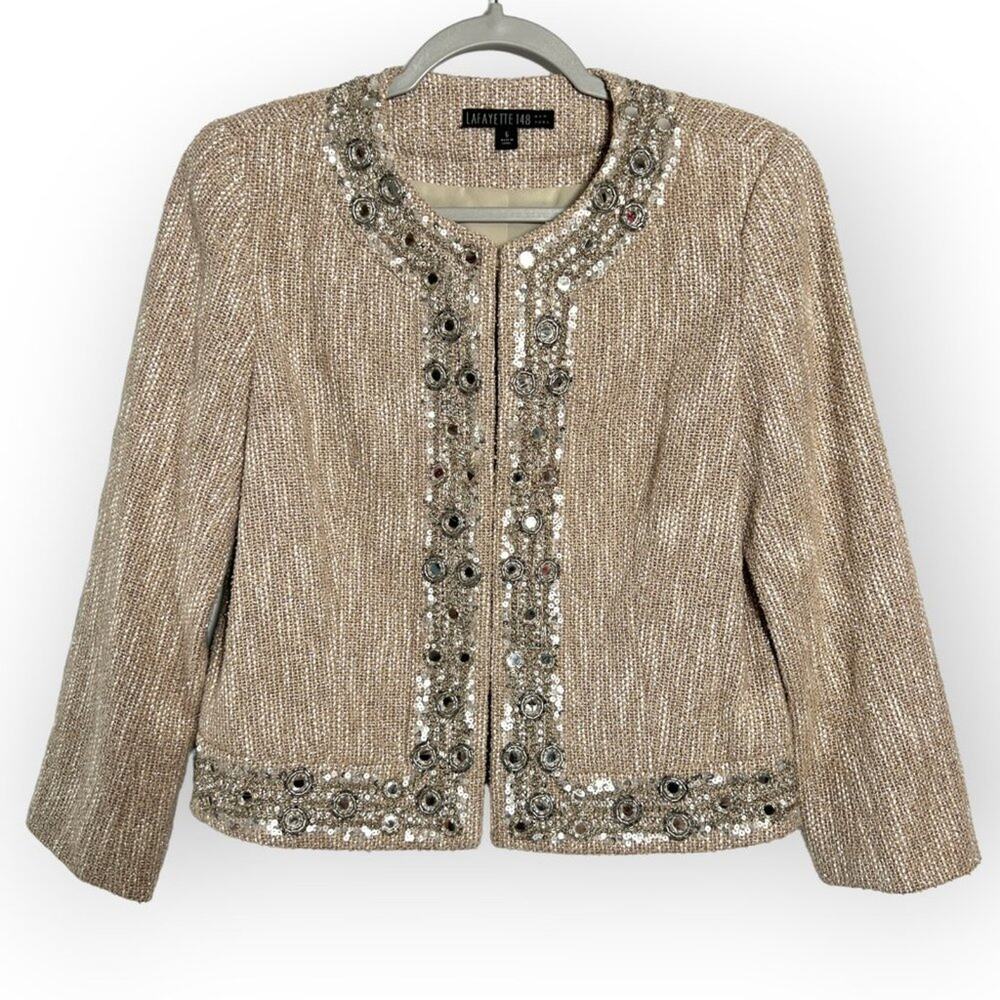 Lafayette 148 Sequined Tweed Blazer Size 6 Brown Textured Jacket Luxe Tailored